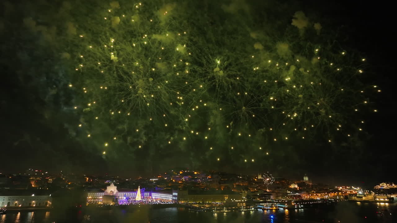 Aerial view of fireworks at the coast of Terreiro do Paco, New Years eve in Lisbon