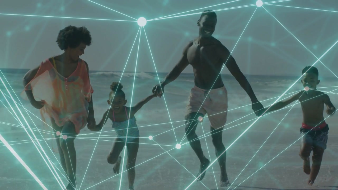 Parents linking kids' hands running toward cam shore for bonding, teal tech nodes crossing family