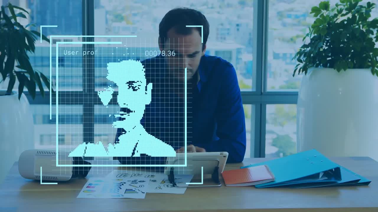animación de personas iconos sobre empresario caucásico usando tableta