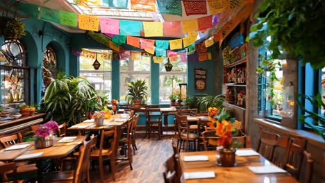 vibrant, plant-filled restaurant interior in daylight