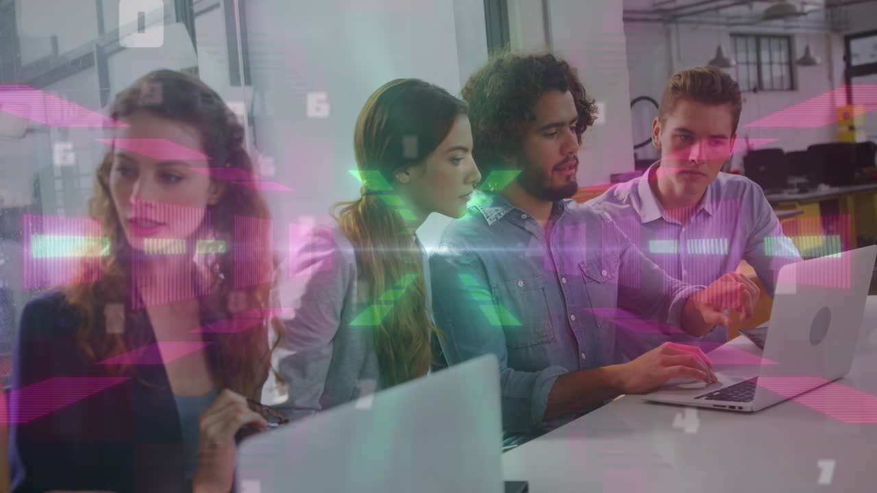 Animation of neon lights moving over diverse female and male coworkers in office
