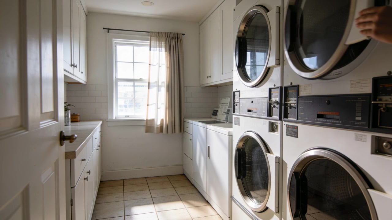Entering right hand reaching opening upper dryer in small laundry room stacked dryers, copy space