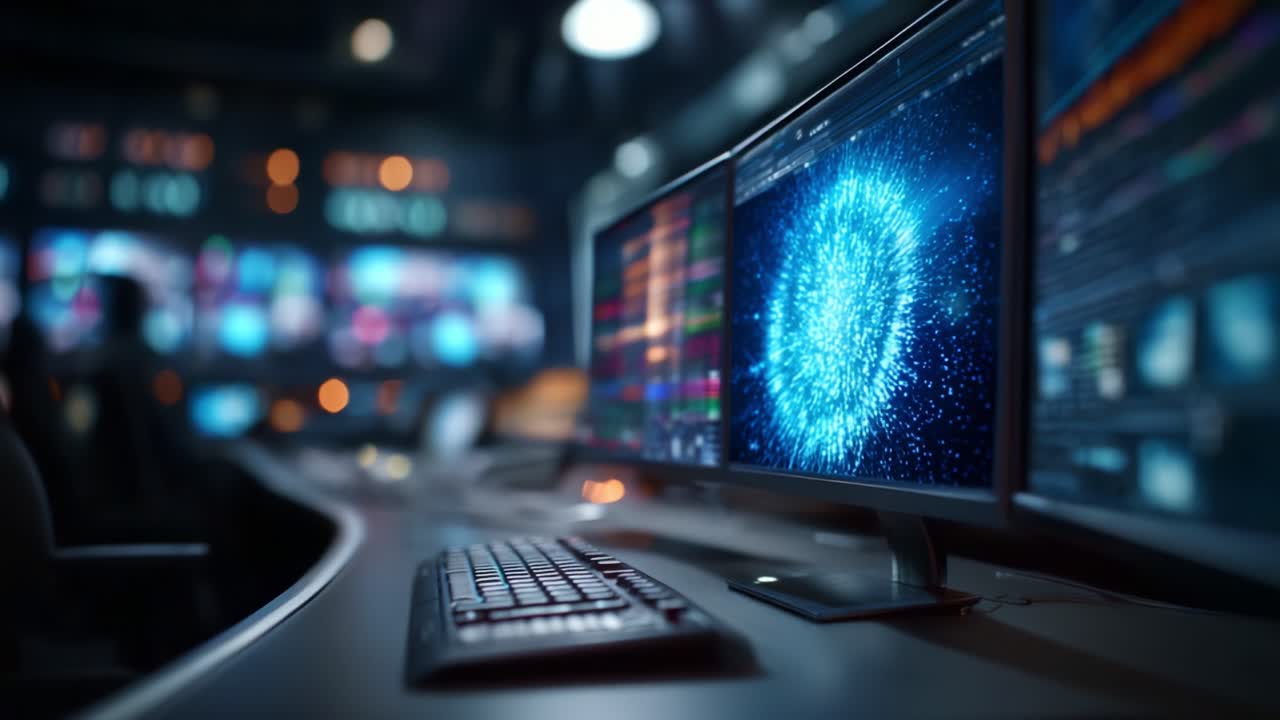 High-Tech Control Room Featuring Multiple Monitors Displaying Data Visualizations and Network Activity, Focusing on Digital Innovation and Analysis