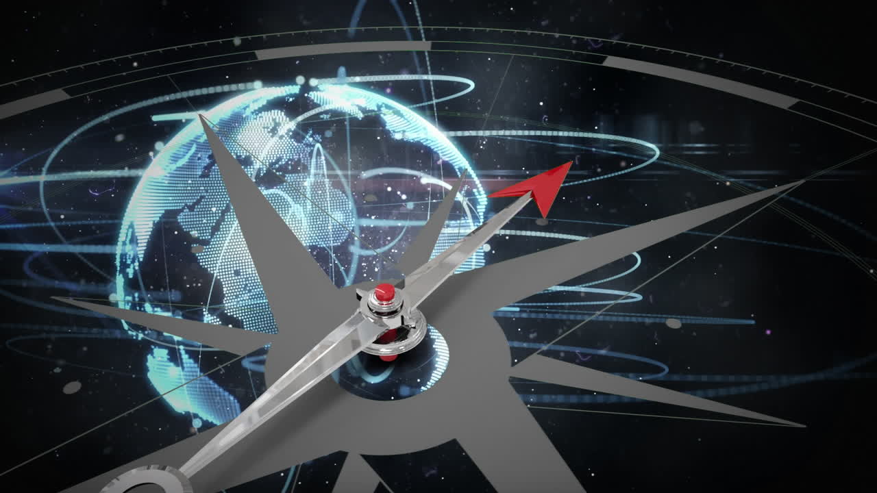 brújula y globo digital giratorio contra el cielo estrellado