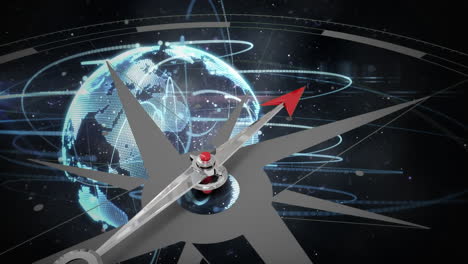 brújula y globo digital giratorio contra el cielo estrellado