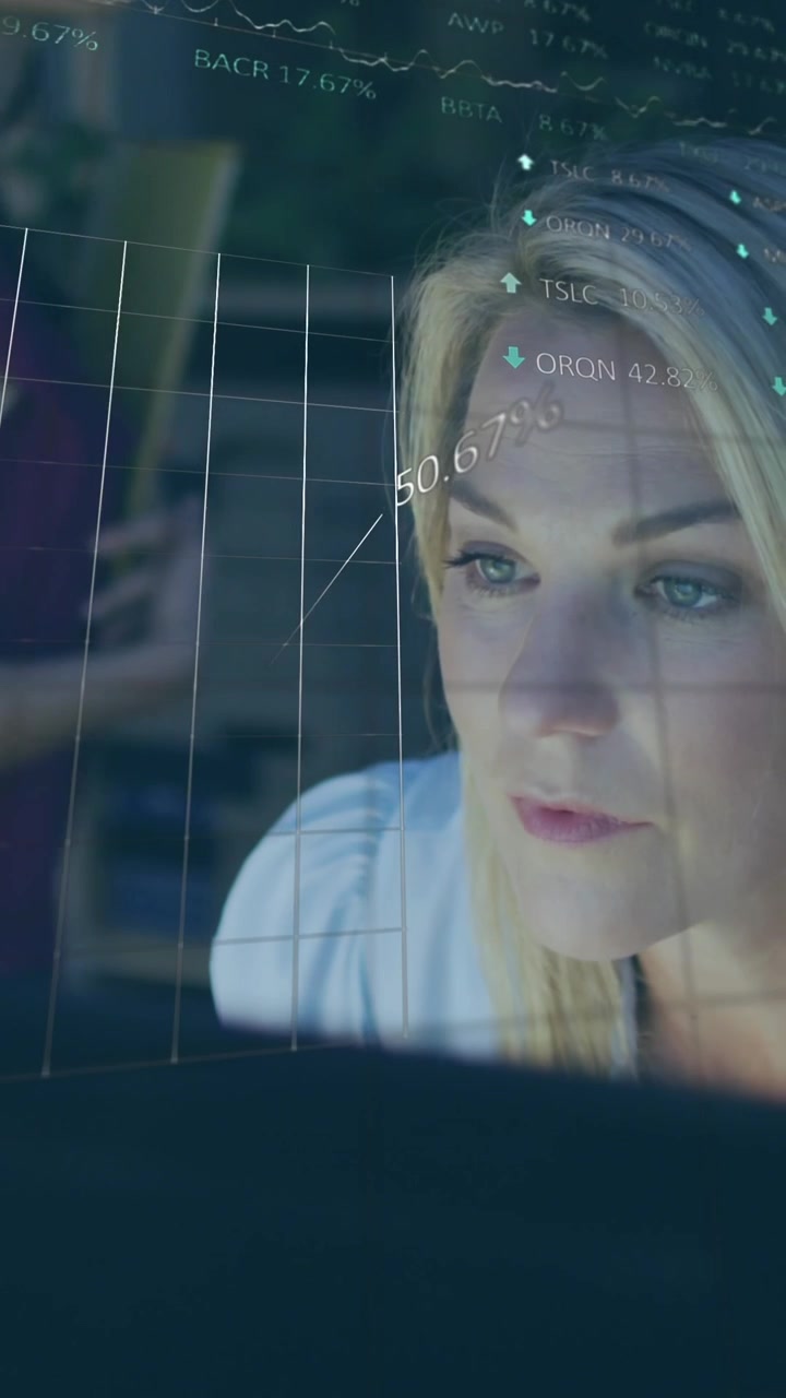 Animation of financial data processing over caucasian businesswoman