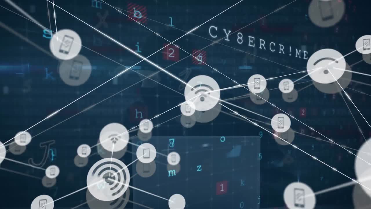 animación de una red de iconos digitales, procesamiento de datos de seguridad cibernética sobre un hacker masculino que usa una computadora portátil