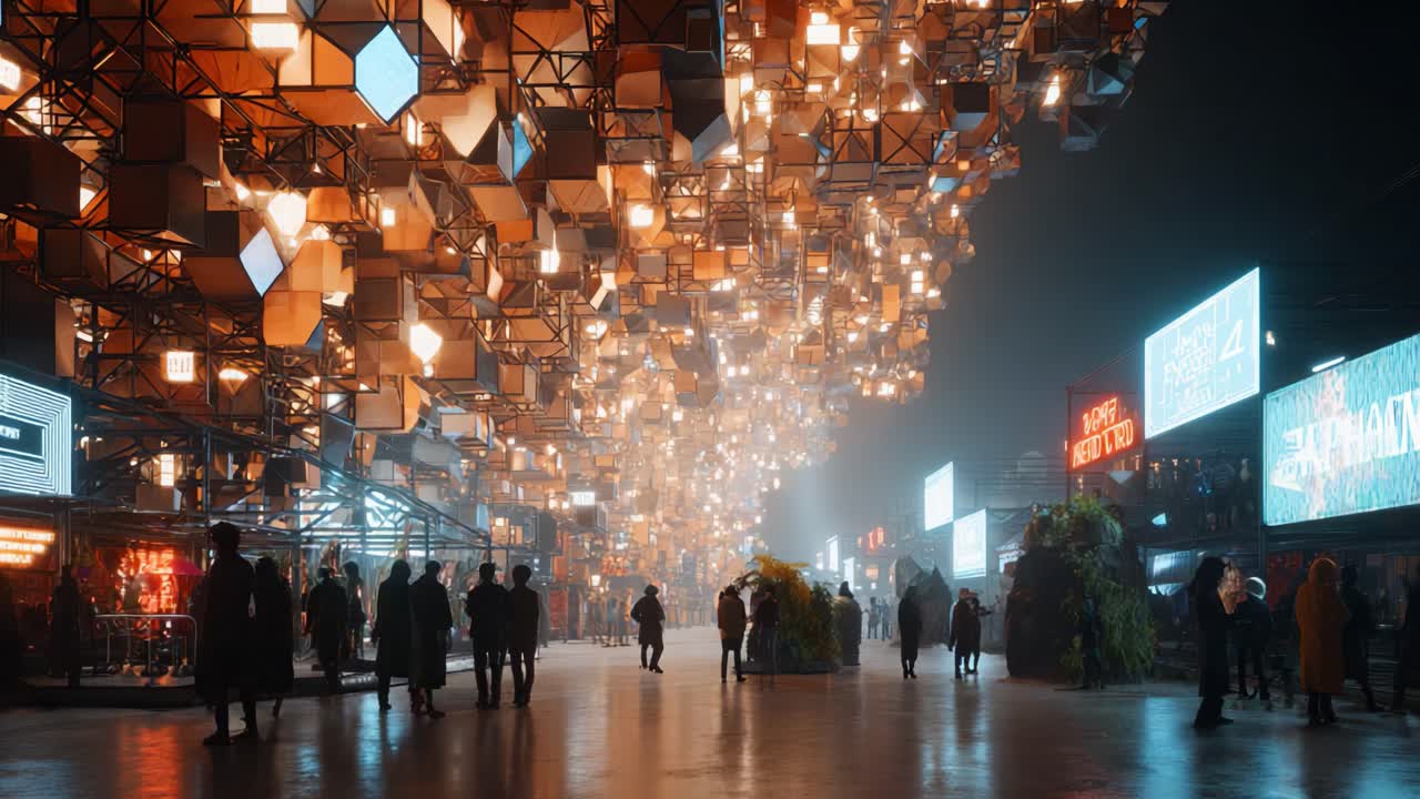 A stunning visual experience of an illuminated urban space filled with geometric light fixtures, creating a mesmerizing atmosphere as people stroll through this vibrant environment