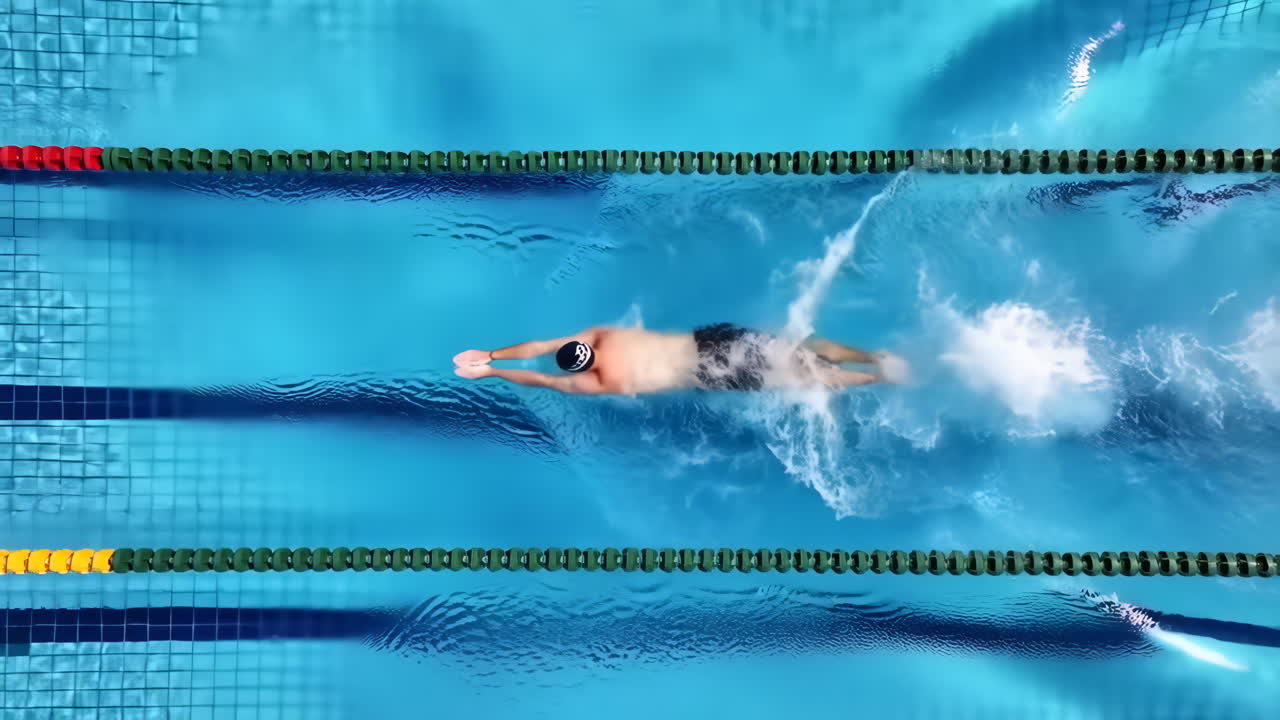 Overhead view of a swimmer doing backstroke in a pool