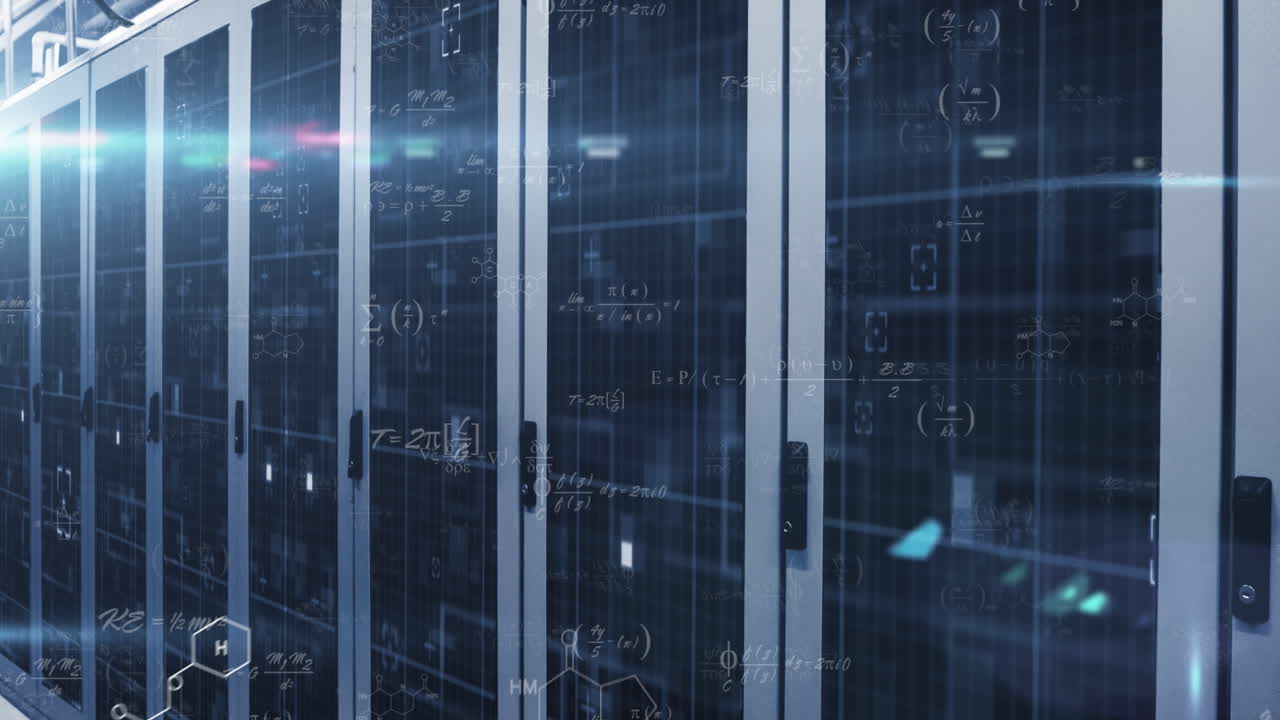 Animation of mathematical equations and light spot against computer server room