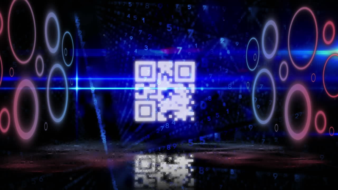 Digital animation of qr code and glowing circles over rows of changing numbers on blue background