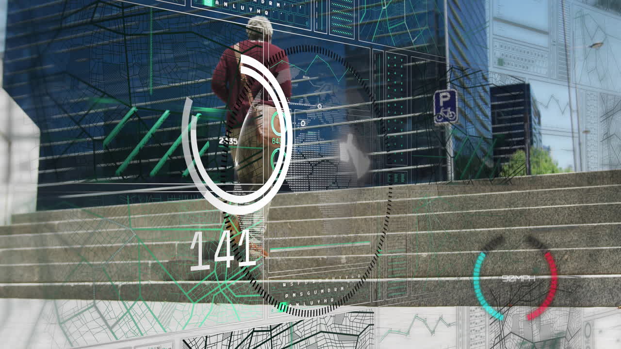 Person walking up stairs with digital data and graphs overlay animation