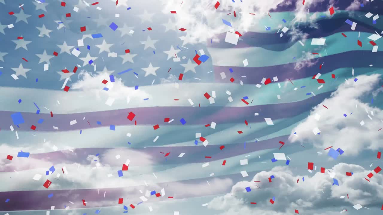 Coriandoli colorati che cadono sulla bandiera USA con cielo blu sullo sfondo