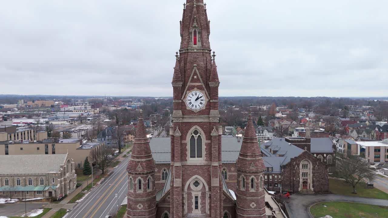 Aerial pull out from St. Peter's Cathedral in Erie, Pennsylvania on December 24th, 2024.