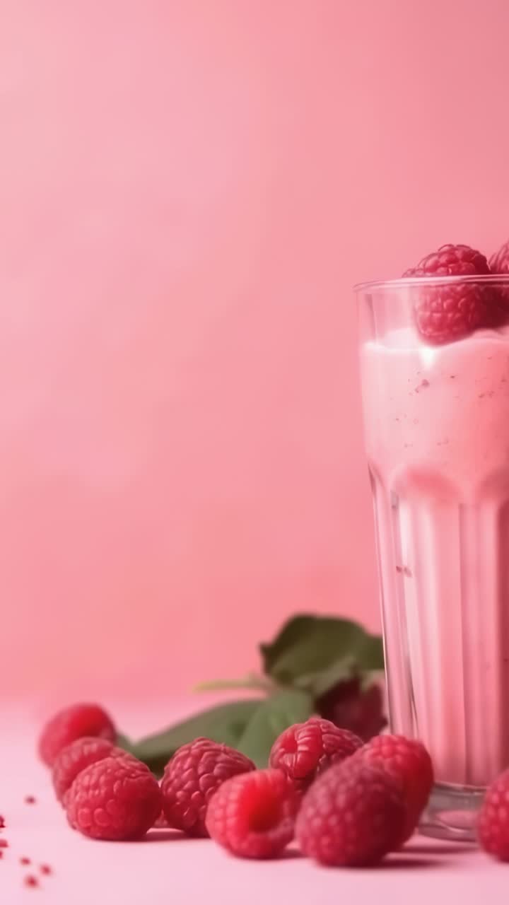Vertical video: Sliding shot revealing teal under pink table, with raspberry smoothie, copy space