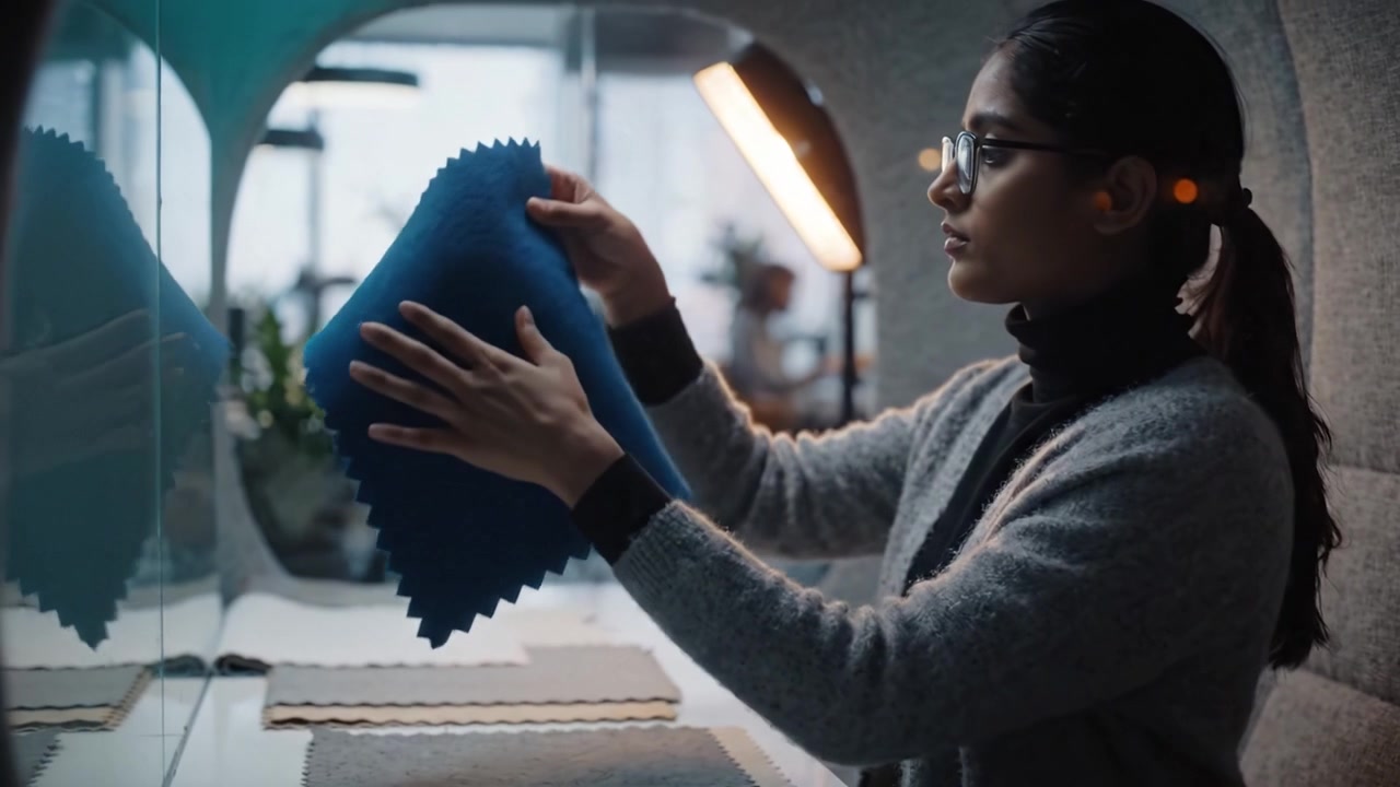 Focused Designer Analyzing Fabric Samples in a Modern Workspace Setting, Showcasing a Blend of Creativity and Professionalism While Working on Textile Patterns