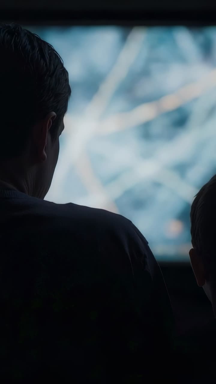Vertical video: Screen shifting, adult and child sitting and watching network visuals at home
