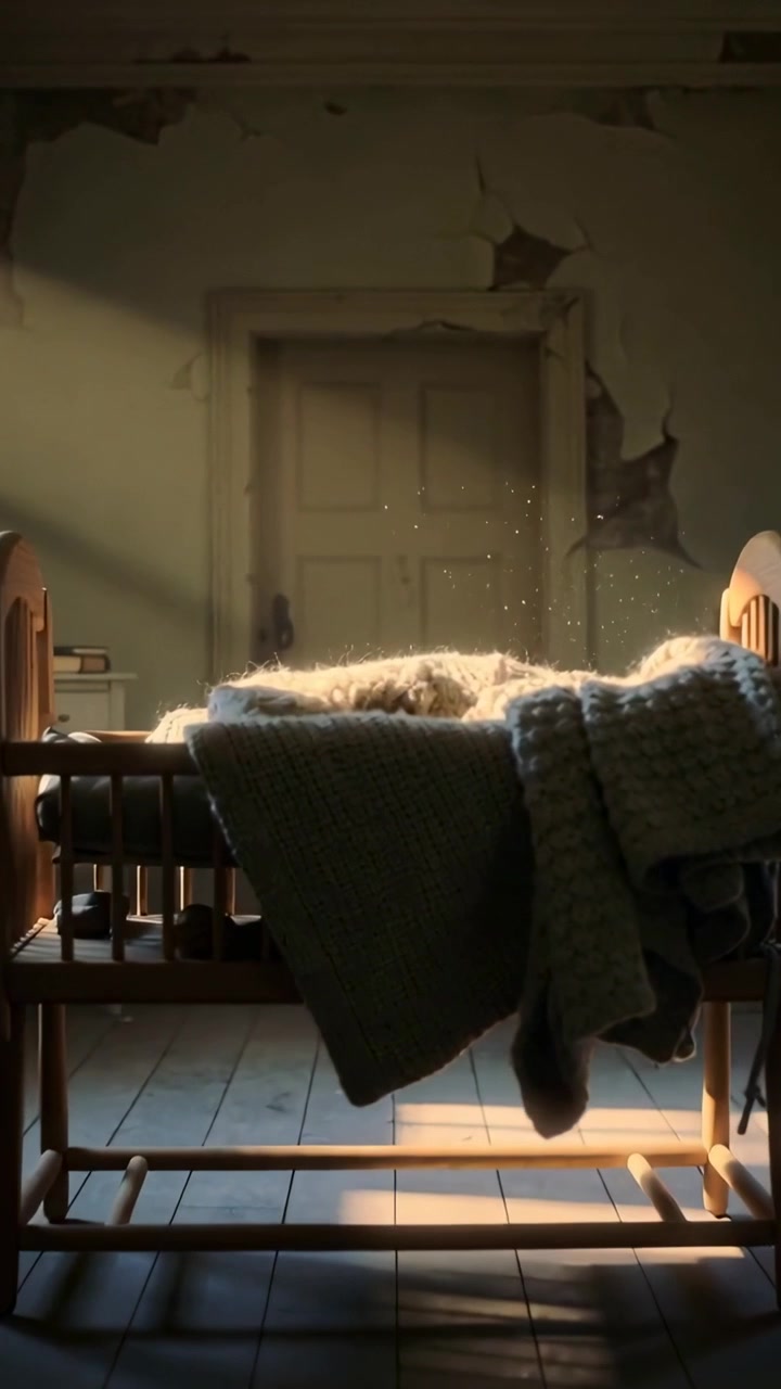 Vertical video: Zooming camera into cradle in bedroom highlighting knitted blanket and sunlit dust