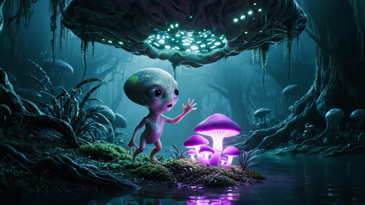 Alien Encounter in a Bioluminescent Mushroom Forest