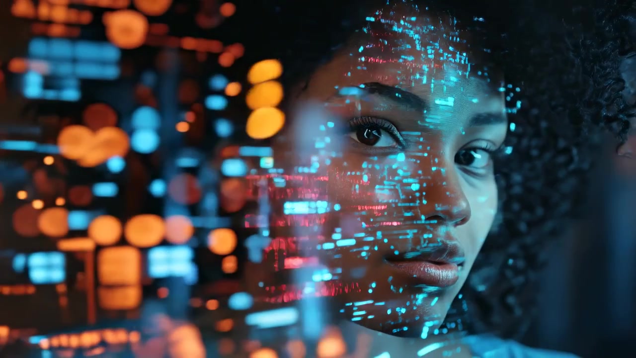 Young African American Woman with Digital Data Overlay on Face