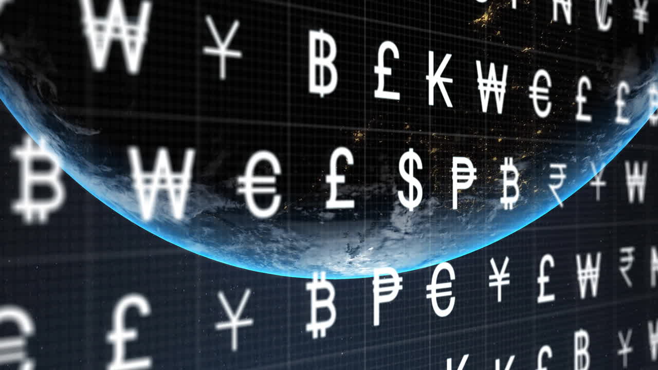 우주에서 지구상에서 세계 통화 기호의 애니메이션