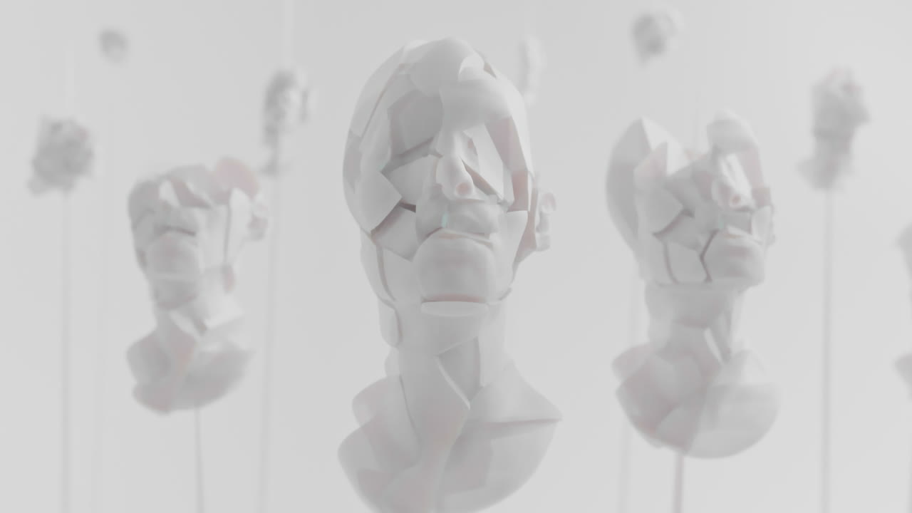 Multiple crushed android heads on spikes in white space