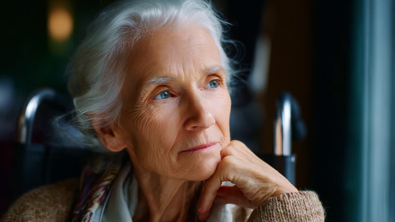 Un momento di riflessione: un'anziana signora riflette sulla vita mentre guarda fuori dalla finestra, catturando l'essenza dell'introspezione e della serenità in una scena pensosa