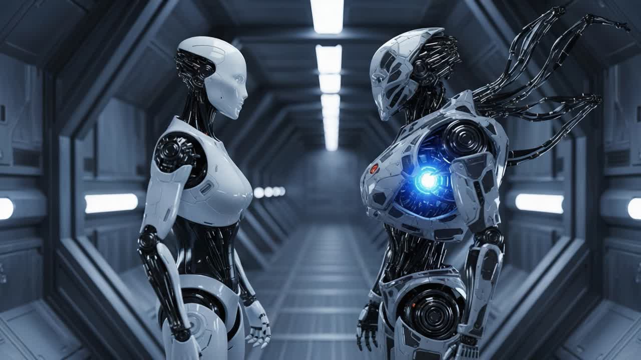 Two Futuristic Robots Face Each Other in a High-Tech Corridor, Showcasing Advanced Robotics with Sleek Designs and Illuminated Components in a Sci-Fi Environment