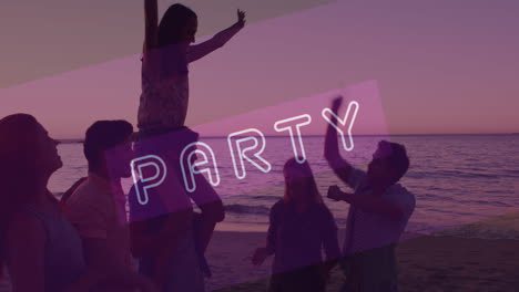 animation of neon party text in over smiling friends dancing at beach party
