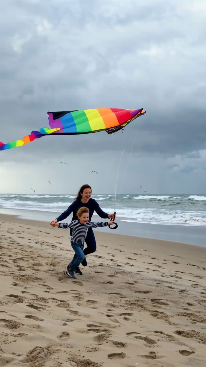 Woman and Child Flying a Kite on the Beach