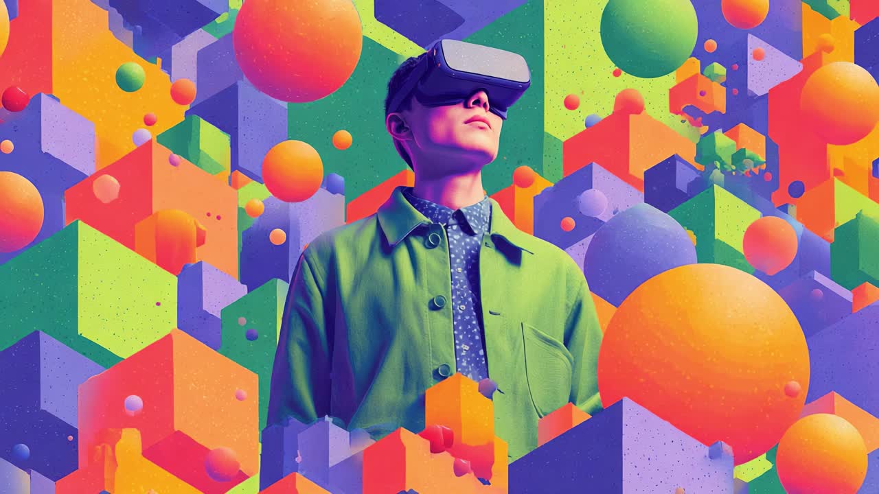 A figure wearing a virtual reality headset stands amidst a vibrant, abstract landscape filled with colorful geometric shapes and floating spheres, capturing the essence of immersive technology and creativity