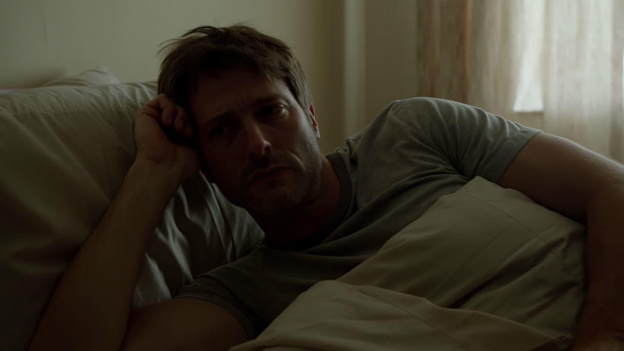 Sad and Worried Man Lying Awake in Bed