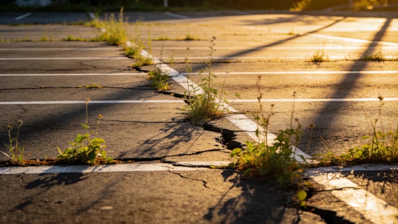 Pushing camera showing weeds growing in cracked asphalt in parking lot, showing lines and shadows
