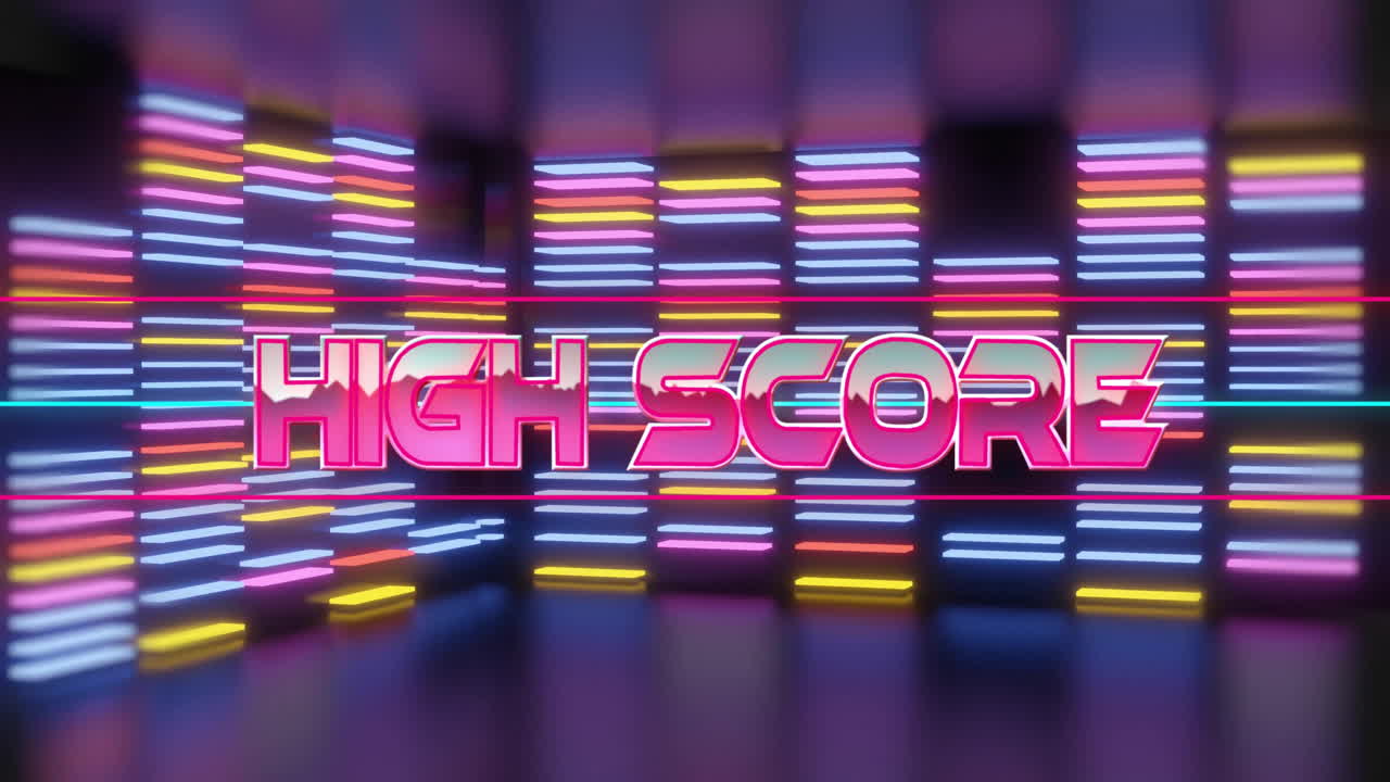 Animation af high score-tekst over neonsøjler på sort baggrund