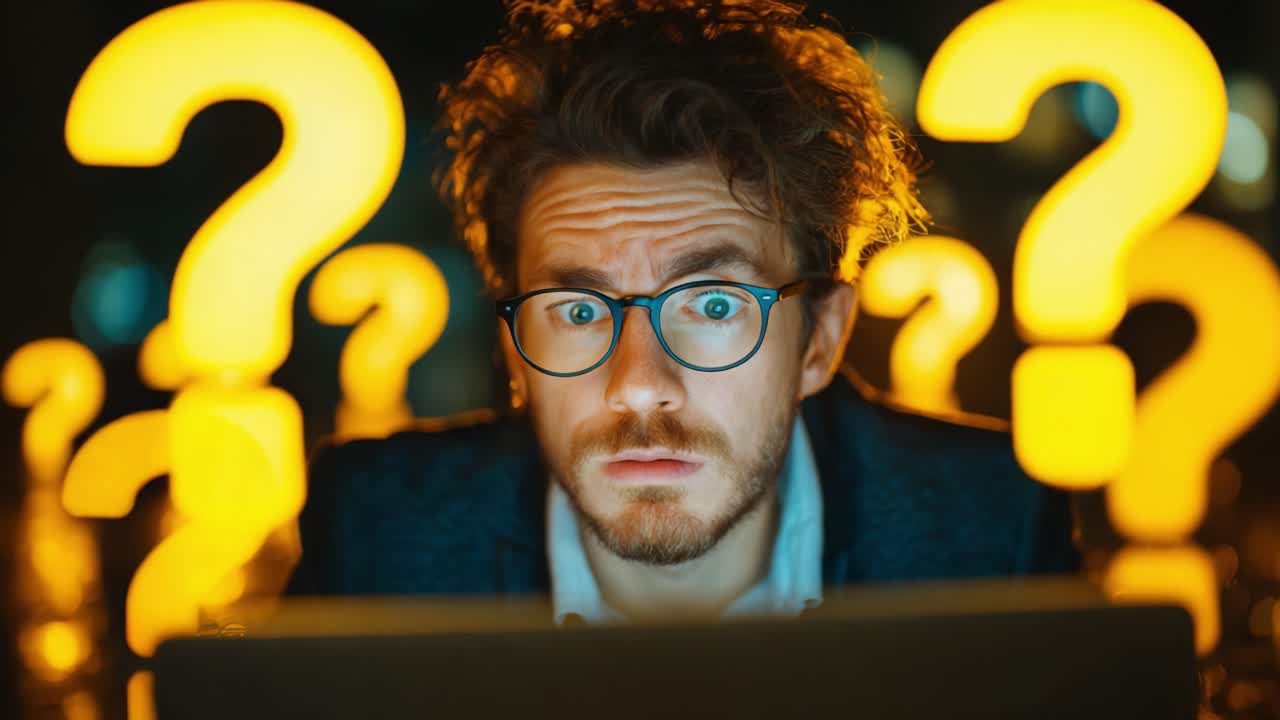 An Individual Deep in Thought Surrounded by Illuminated Question Marks, Reflecting Curiosity and Uncertainty While Engaged with Their Computer in a Dimly Lit Environment