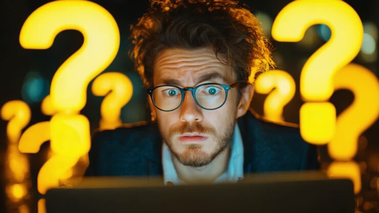 Un Individuo Assorto nei Pensieri Circondato da Punti Interrogativi Illuminati, Che Riflette Curiosità e Incertezza Mentre Lavora al Computer in un Ambiente Scarsamente Illuminato