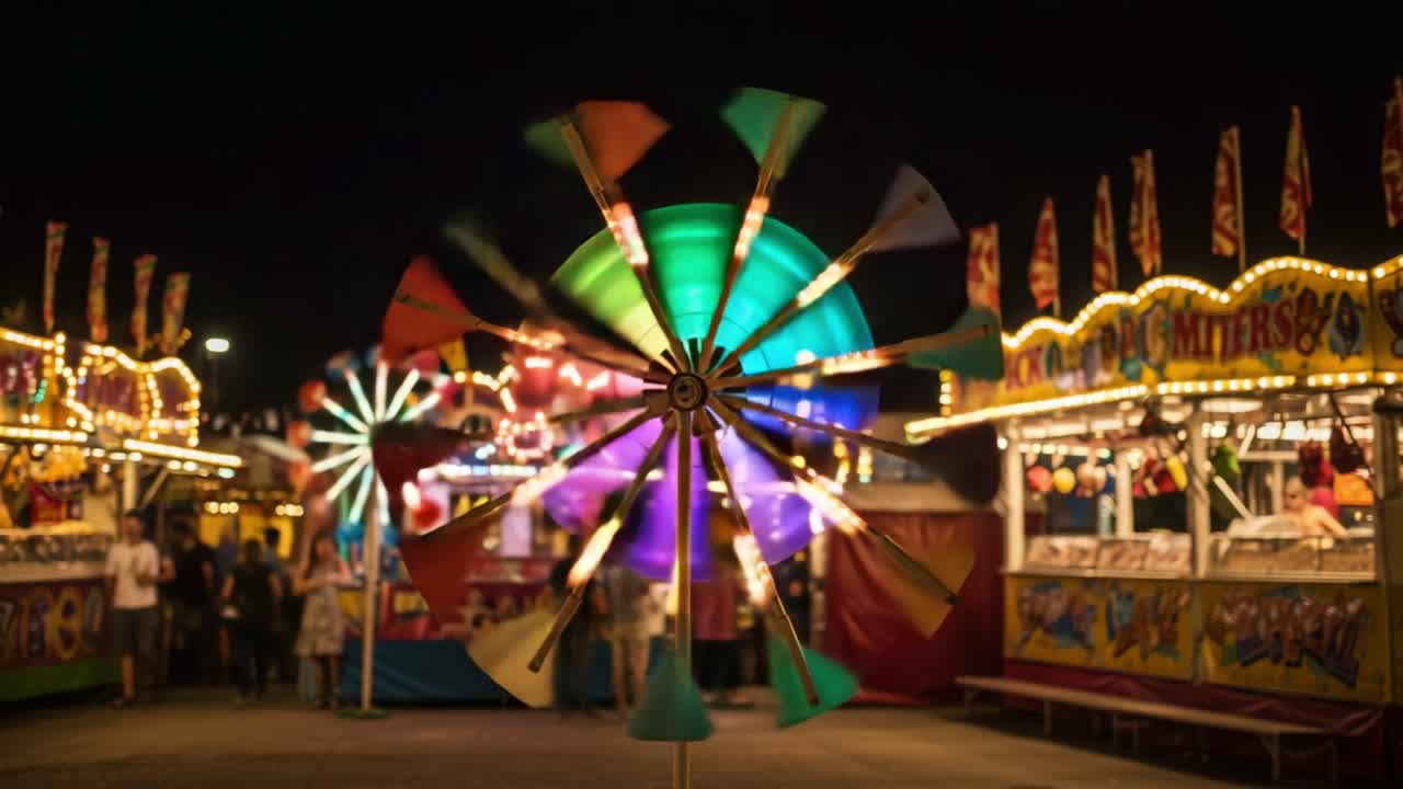 A Vibrant Carnival Scene Captured at Night with Colorful Spinning Ferris Wheel and Festive Stalls Illuminated by Bright Lights, Evoking Joy and Excitement