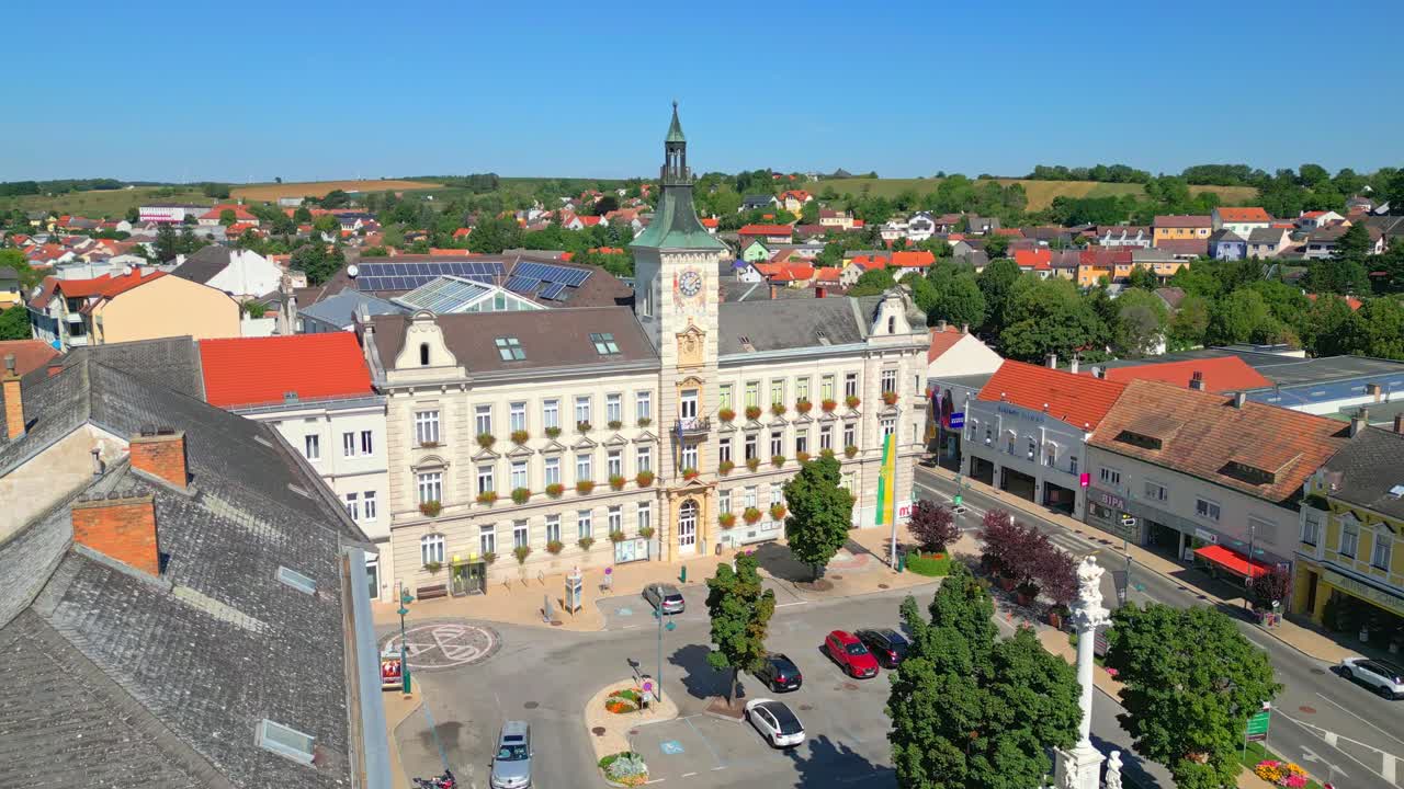 Town Hall in Mistelbach, Nieder&ouml;sterreich, Austria - Drone Flying Forward