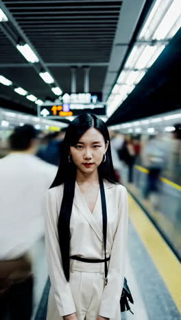 mujer esperando en una estación de metro