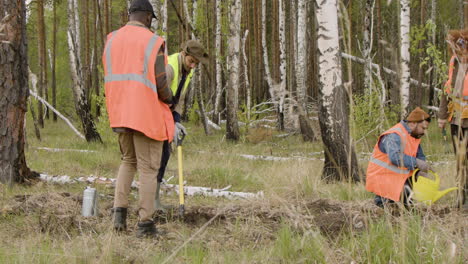 grupo de activistas ecologistas multiétnicos plantando árboles y preparando la tierra en el bosque