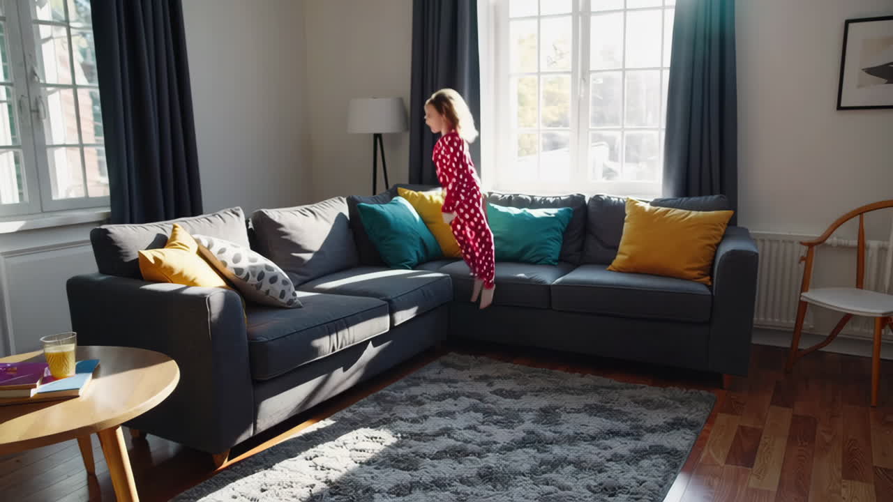Energetic young girl in pajamas jumping and playing with a pillow in a sunny living room