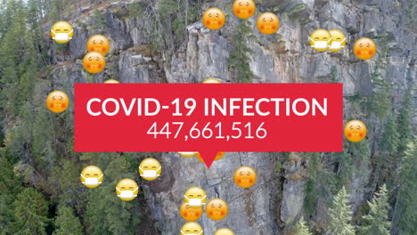 texto de infección por covid-19 con números crecientes y emojis faciales contra la vista aérea de la montaña