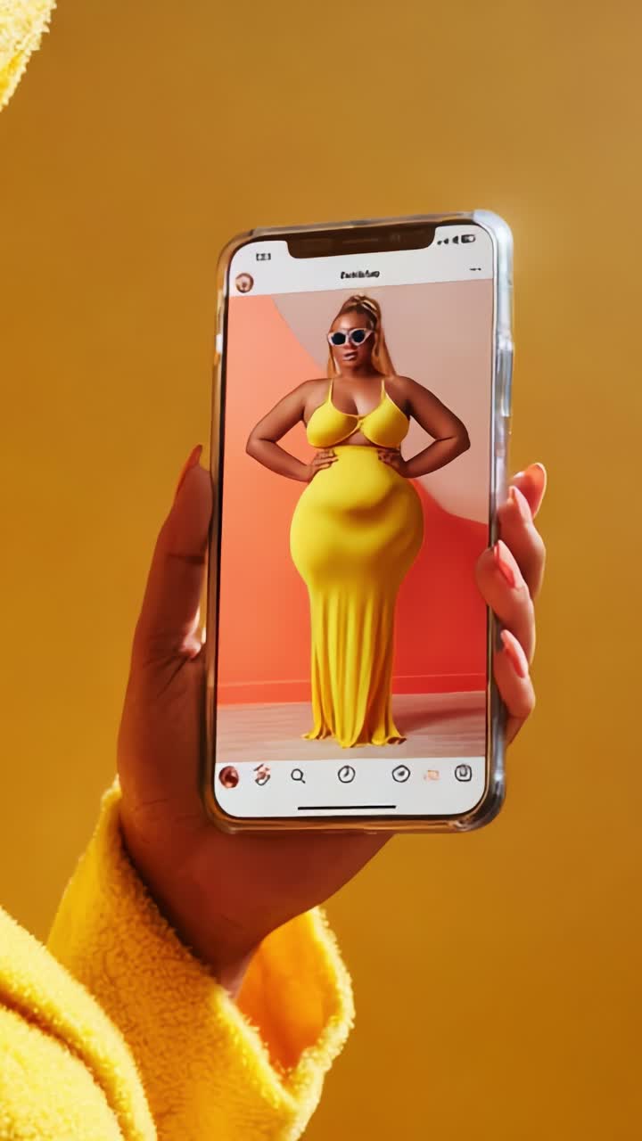 Un momento di moda: una modella sicura di sé che indossa uno splendido abito giallo mentre tiene in mano un telefono per immortalare il suo look elegante su uno sfondo vivace