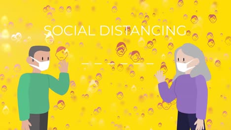 animation of people wearing face masks and waving at each other with the words social distancing