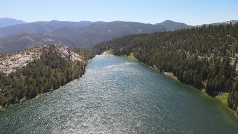 Drone-flying-above-Lower-Echo-Lake-flying-towards-Echo-Chalet-and-boat-ramp