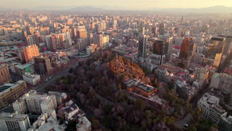 Aerial-view-of-the-city-center-from-Santa-Lucia-Hill,-a-small-hill-in-the-center-of-Santiago,-Chile