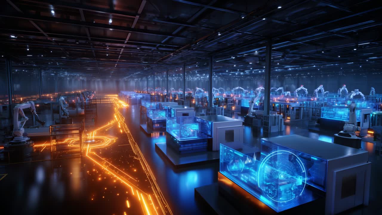 Advanced Robotics and Automation Technology at Work: A Futuristic Industrial Warehouse Featuring High-Tech Machines, Intelligent Systems, and Dynamic Lighting Representing the Future of Manufacturing Innovation