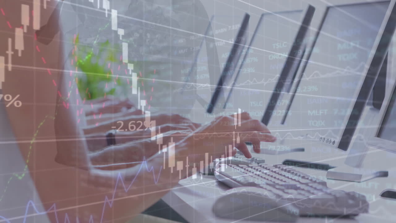 Animation of financial data processing over diverse business people using computers