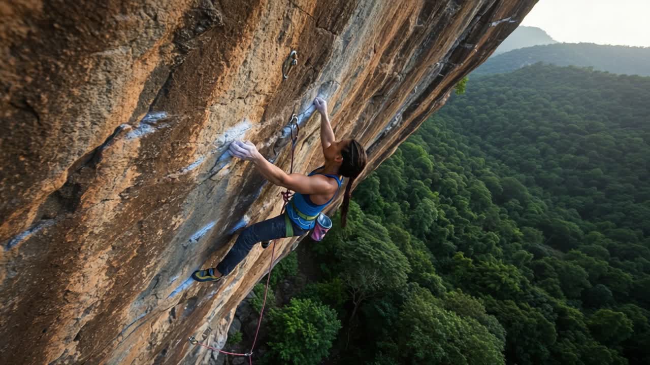 A person rock climbing on a steep cliff face with lush green mountains in the background