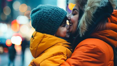 a woman holding a child in her arms in the middle of a city at night